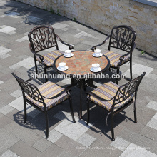 Durable outdoor patio cast aluminum furniture restaurant marble top dining table and chair set.